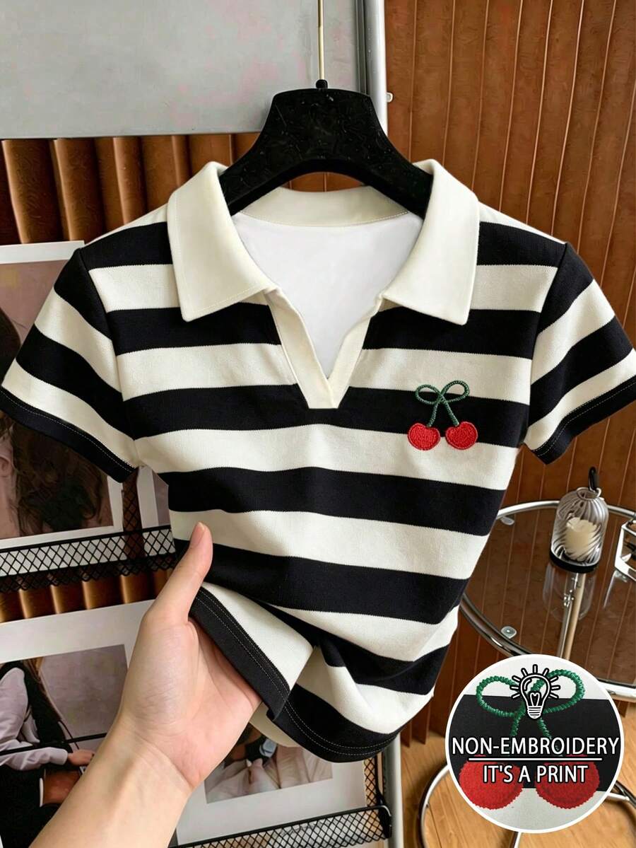 Resyla 女士户外休闲运动Polo衫,夏季新品,户外休闲服,条纹和花卉印花设计,黑色、白色,Polo领,适合度假、返校季,女士高腰Polo衫 - 彩色 - 查看 1