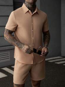 Manfinity Homme 2pcs Solid Color Textured Short Sleeve Shirt And Shorts Set Football - Orange - View 5