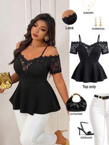 Femmeverse Plus Size Women's Spring/Summer Fashion Elegant Off-Shoulder V-Neck Lace Trim Patchwork Short Sleeve Knit Blouse - Black - View 1