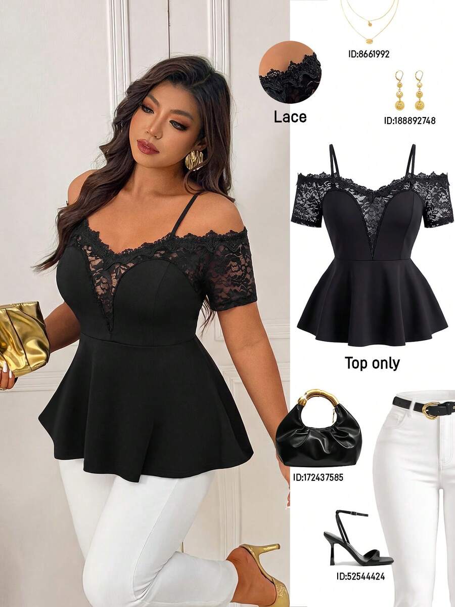 Femmeverse Plus Size Women's Spring/Summer Fashion Elegant Off-Shoulder V-Neck Lace Trim Patchwork Short Sleeve Knit Blouse - Black - View 1