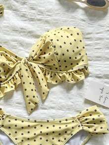 Swim Vcay Spring/Summer Solid Color Shoulder Strap Jacquard Fabric Non-Wired Bow Decor Cute Beach Vacation Swimsuit Set - Yellow - View 6