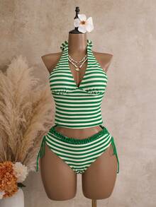Bellisia Women's 2-Piece Green Textured Fabric Pleated Ruffle Hem Top With Side Drawstring Bikini Bottoms Swimsuit Set For Summer Beach - Green - View 1