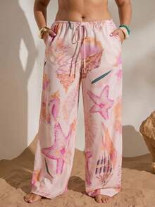 SHEIN PETITE CURVE 大码休闲假日海星贝壳印花裤 - 淺粉色 - 查看 9