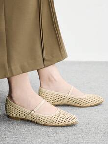CUCCOO BIZCHIC 女士白色編織芭蕾平底鞋，夏季日常透氣休閒單鞋 - 杏色 - 查看 5
