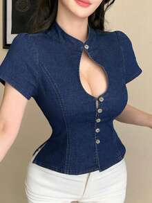 Joudiya 女士休闲镂空水洗蓝牛仔短袖开衫衬衫，适合春夏穿着 - 藍色 - 查看 4