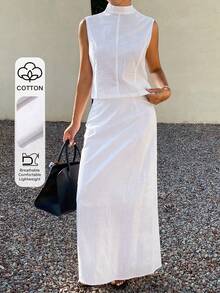 Livesso Spring Summer White Short Top Pullover Shirt Vest Wedding Casual Vacation Skirt Set Elegant Commute Women 2pcs Set - White - View 1