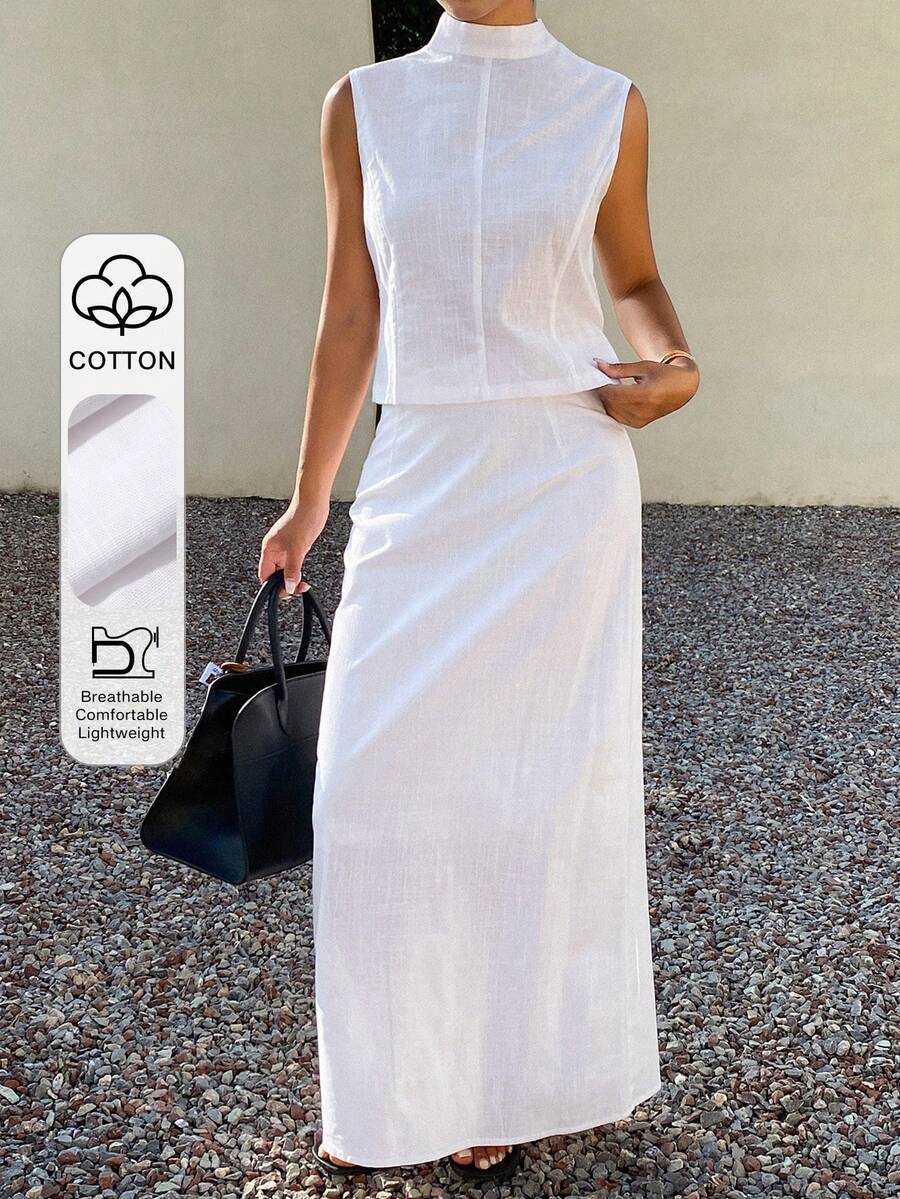 Livesso Spring Summer White Short Top Pullover Shirt Vest Wedding Casual Vacation Skirt Set Elegant Commute Women 2pcs Set - White - View 1