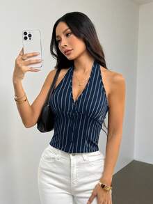 SHEIN PETITE 女款純棉海軍藍立領單排扣背心薄款西裝外套，適合夏季辦公商務休閒，小碼女款 - 藏蓝色 - 查看 1
