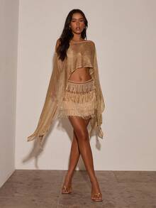 Opulessa Women's Solid Color One Shoulder Top And Tassel Design Mini Skirt Sexy Date Night Out Two Pieces Set Gold Beige Summer - Gold - View 7