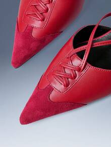 CUCCOO GRLICON Women's Red Color Matching Pointed Back Empty Kitten Heels, French Retro Bow Stiletto Commuter Shoes - Red - View 5