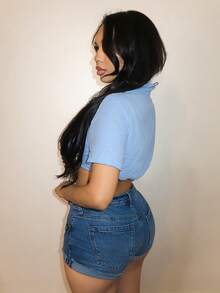 BamGleam Women's Solid Color Short Sleeve Cropped Sexy Blouse - Blue - View 3