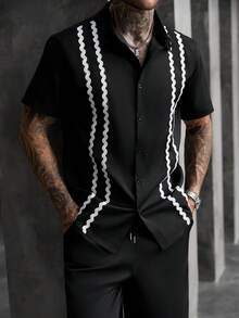 Manfinity Homme 男士對比色蕾絲短袖襯衫與長褲休閒套裝 - 黑色 - 查看 5