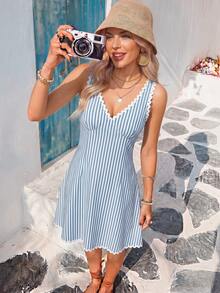 Vivid Eden Women's Blue And White Stripe Stripe Stripe V-Neck Casual Tropical Coastal Tropical Sleeveless Mini Dress Beach Vacation Vacation Vacation Summer - Blue and White - View 8