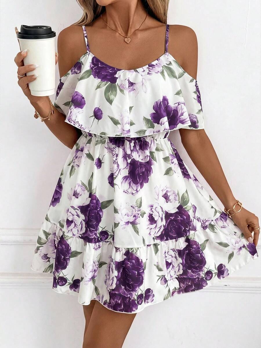 SHEIN Clasi Gaun Cami Wanita Motif Bunga dengan Hem Berkerut untuk Kencan dan Liburan - Purple - View 1