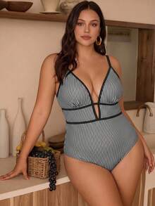 Swim Chiccia Plus Size Women's Vertical Stripe Print Vacation Beach One-Piece Swimsuit - Multicolor - View 4