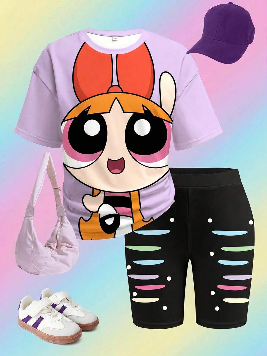 THE POWERPUFF GIRLS X SHEIN 青少年女孩卡通印花圓領短袖上衣與對比色短褲套裝 - 白色 - 查看 1