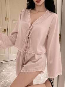DAZY Romantic Lace Patchwork Satin Lace-Up Top & Ultra Short Pajama Pants 2pcs Set Women's Sleepwear - Baby Pink - View 5
