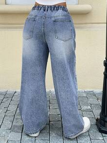 Dazy Plus Plus Size Women Casual Loose Fit Rhinestone Decor Waist Jeans, Streetwear, Suitable For All Seasons - Medium Wash - View 2