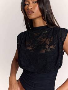 SHEIN BAE 女款性感優雅蕾絲拼接壓褶收腰背心上衣 - 黑色 - 查看 8