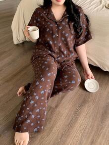 Dazy Plus Floral Textured Chiffon Fabric Loose Short Sleeve Top And Long Pants Pajama Set, Plus Size, Brown, Spring/Summer - Brown - View 2