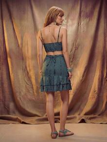 Fembélia Women's Dark Green Drawstring Design Asymmetrical Hem Cami Top And Asymmetrical Ruffle Hem Skirt Set Vacation Summer Boho Music - Green - View 2