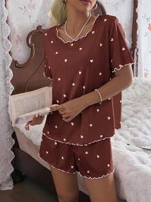 CottageSlumber Set Piyama Wanita Lengan Pendek Motif Hati Kecil Bergaris Longgar dengan Jahitan Rapat Warna Putih - Coffee Brown - View 8
