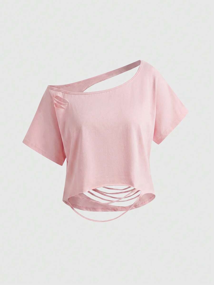 ROMWE Grunge Punk Camiseta casual versátil de unicolor con un hombro, espalda descubierta y efecto desgastado para uso diario y salidas de mujer - Rosa - Ver 1