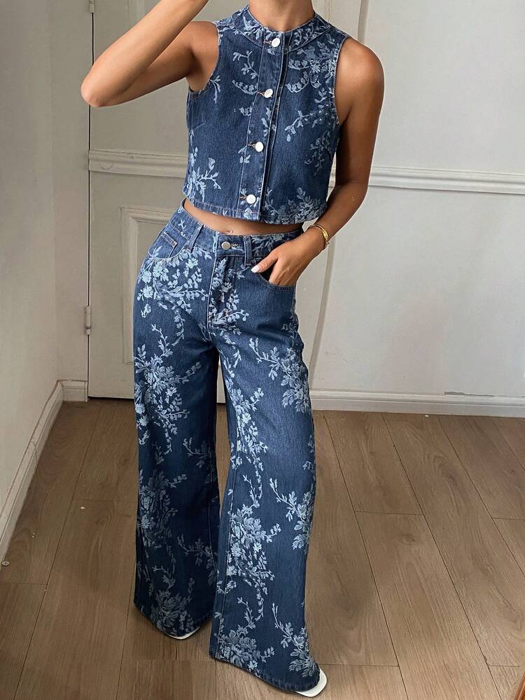 Women's Floral Print Round Neck Sleeveless Cardigan Top And Loose Straight Leg Jeans Vacation Suit Summer