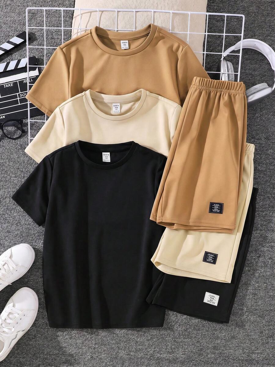 SHEIN 6件套青少年男童舒适休闲金属项链装饰圆领短袖T恤和短裤两件套,高性价比多件套装,适合户外玩耍、街头摄影、派对和休闲活动。 - 彩色 - 查看 1