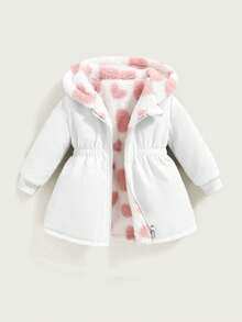 SHEIN Playful Pals 2件組可翻面女嬰幼童秋冬百搭萬能休閒加厚愛心絨毛法蘭絨收腰長版大衣保暖外套 - 白色 - 查看 7
