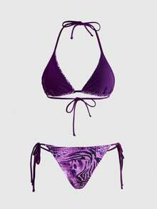 ROMWE Avant 2025 Sexy Vintage Leopard Print Pattern Bikini 2 Pieces Set For Women Vacation Beach Summer - Purple - View 2