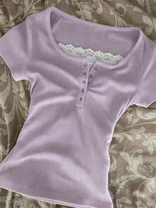 IslaSuriya Women's Short Sleeve T-Shirt With 2 In 1 Floral Lace Design - Multicolor - View 4