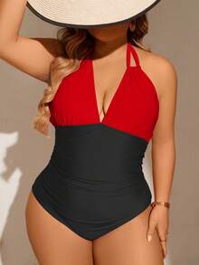 SHEIN Swim Curve 大尺碼女款掛脖式撞色一件式泳衣，適合海灘度假、泳池派對、海灘派對 - 紅色 - 查看 3