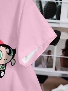 THE POWERPUFF GIRLS X SHEIN Camiseta de manga corta de cuello redondo con estampado de flores, burbujas y botones de mujer, informal y de verano - Blanco - Ver 4