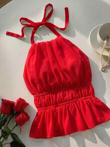 SHEIN EZwear 春夏紅色百褶掛脖收腰露背綁帶背心上衣 - 紅色 - 查看 4