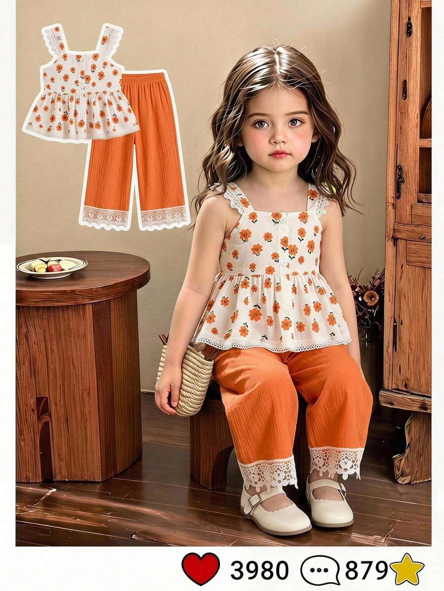 SHEIN Vintaside Kids 女童春夏套装，藏蓝色无袖上衣搭配同色系阔腿裤；上衣采用吊带设计，饰以清新碎花图案，领口和下摆点缀白色蕾丝花边，尽显精致柔美；阔腿裤采用松紧腰带设计，裤脚同样饰有蕾丝花边，打造甜美清新的整体造型。轻盈舒适的面料，适合日常穿着。