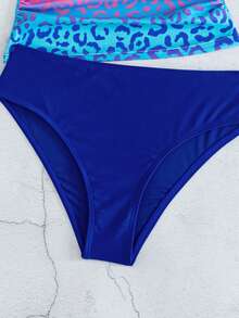 Swim Lushoire Women's Gradient Leopard Print Tankini 2-Piece Swimsuit, Adjustable Spaghetti Strap, Ruched Tummy Control Top, Solid Color Triangle Bottoms, Blue To Pink Gradient Beach Pool Vacation Swimwear - Multicolor - View 6