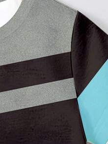 Boys Creative Fashion Grey Black Blue Patchwork Striped Pattern Print Basic Short T-Shirt And Shorts Set, Summer Daily Wear - Multicolor - View 6