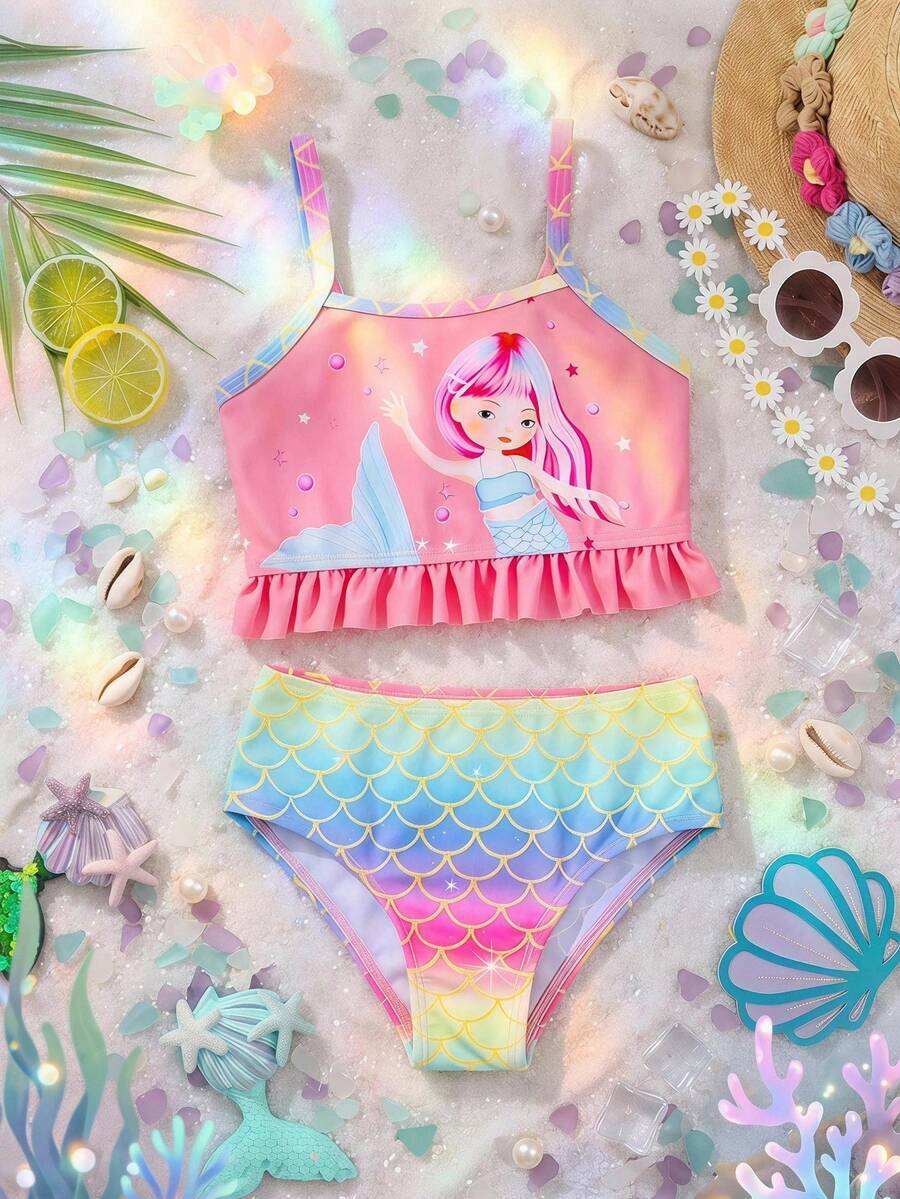 SHEIN 女童美人魚印花分體式泳衣 嫩粉色與嫩黃色 夏季款 - 彩色 - 查看 1