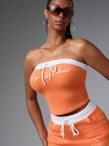 BABYPHAT Towelling Strapless Bandeau Tube Top With Logo Embroidery And Tie Detail Summer Crop - Orange - View 4