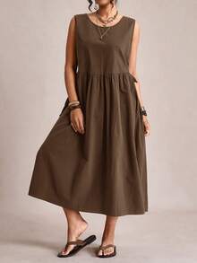 Freevana Plus Size Women Solid Color Round Neck Casual Boho Sleeveless Dress Vacation Brown Summer - Coffee Brown - View 3