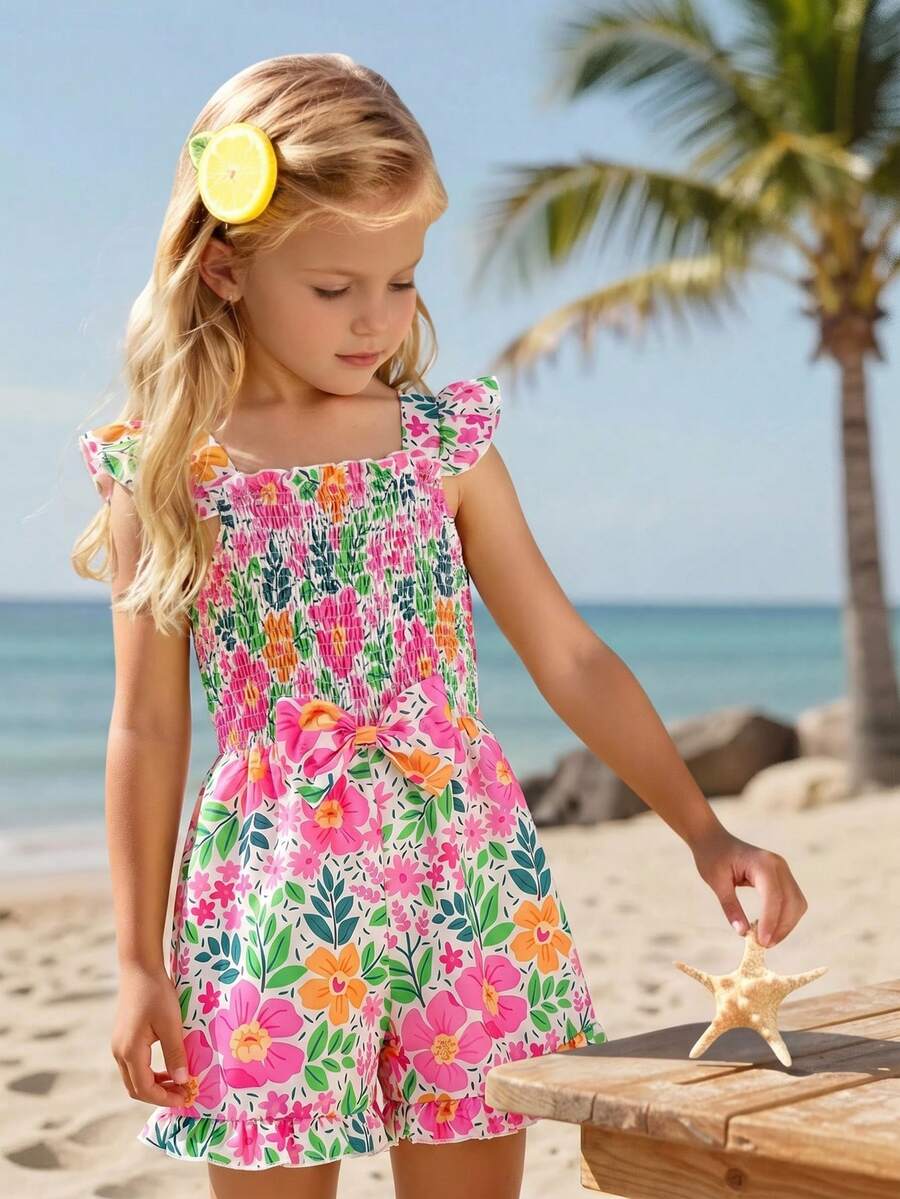 SHEIN Vintaside Kids Young Girl' Colorful Floral Ruffle Sleeve Romper, Children's Ditsy Floral Bow Decor Jumpsuit, Cute & Versatile For Summer - Multicolor - View 1