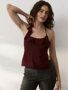 Aralina Scooped Neck Ruffle Neck Halter Neck And Tie Back Backless Chiffon Top Flowy Top Red Wine Polka Dot Print Cute Going Out Date Night Top Summer Sexy - Burgundy - View 6