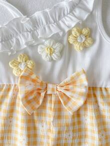 SHEIN 女嬰時尚優雅不對稱肩3D花朵蝴蝶結連身褲夏季 - 黃色 - 查看 7