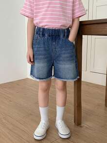DAZY 女童彈性腰口袋毛邊牛仔短褲 休閒百搭 日常外出 夏季 - 深色水洗藍 - 查看 4