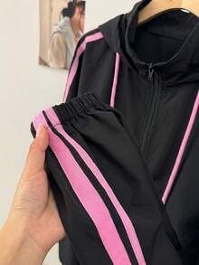 SHEIN EZwear 大尺碼女款側條紋長袖前拉鍊抽繩連帽夾克 - 黑色 - 查看 5
