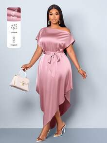 SOLERSUN Plus Size Women's Summer Blush Pink Elegant Formal Long Dress,Satin Slant Off Shoulder Cocoon Asymmetric Pocket Loose Waist Belt Vacation Banquet - Pink - View 2