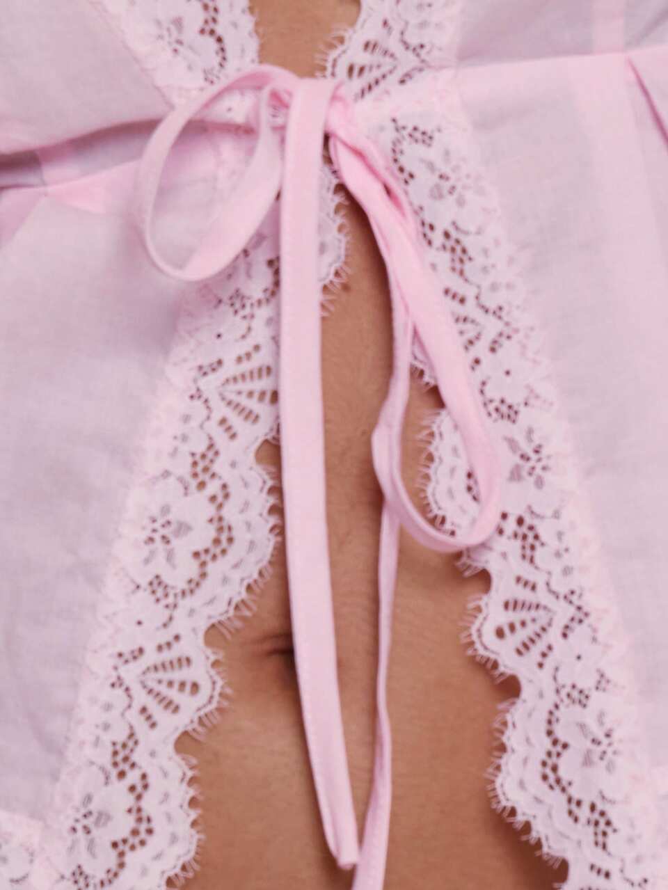 Strappy V Front Lace Trim Open Tie Front Cotton Poplin Pajama Top With Leg Side Split Bow Lace Trim Elasticated Waist Mini Shorts Coord Sold As Set