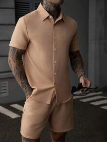 Manfinity Homme 2pcs Solid Color Textured Short Sleeve Shirt And Shorts Set Football - Orange - View 7