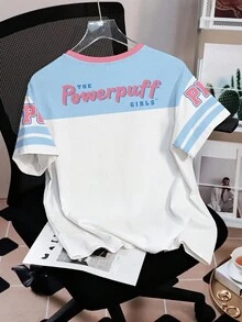 THE POWERPUFF GIRLS X SHEIN 女式休闲花朵、泡泡、毛茛图案拼色圆领短袖 T 恤，夏季 - 白色 - 查看 2